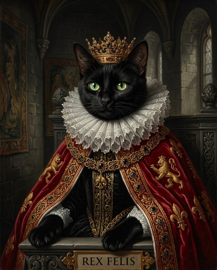 Eva reimagined as a Renaissance oil-painting monarch