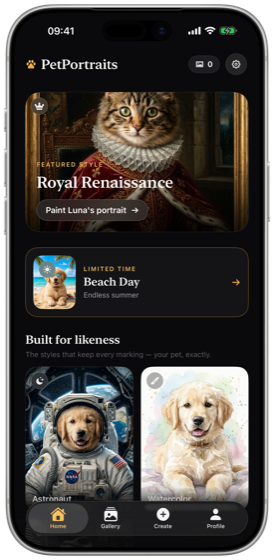 The PetPortraits home screen with weekly featured styles