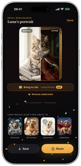 PetPortraits reveal — a cat photo becoming a Royal Renaissance oil painting