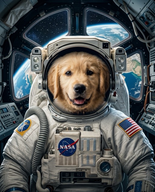 A dog as an astronaut in a spacesuit