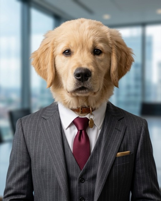 A dog portrait styled as a distinguished CEO