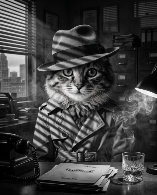 A cat as a film-noir detective in black and white