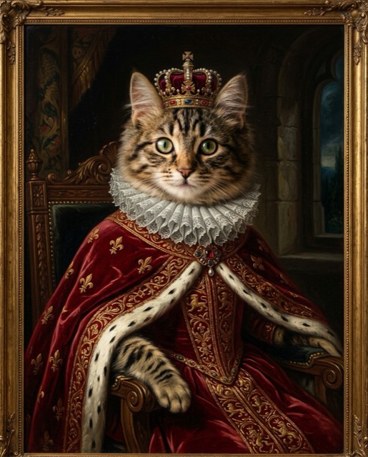 Royal Renaissance oil painting of a pet in a crown and robe