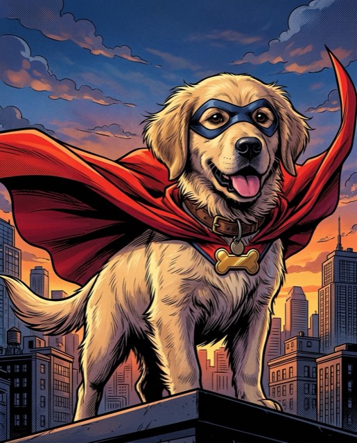 A dog reimagined as a caped superhero