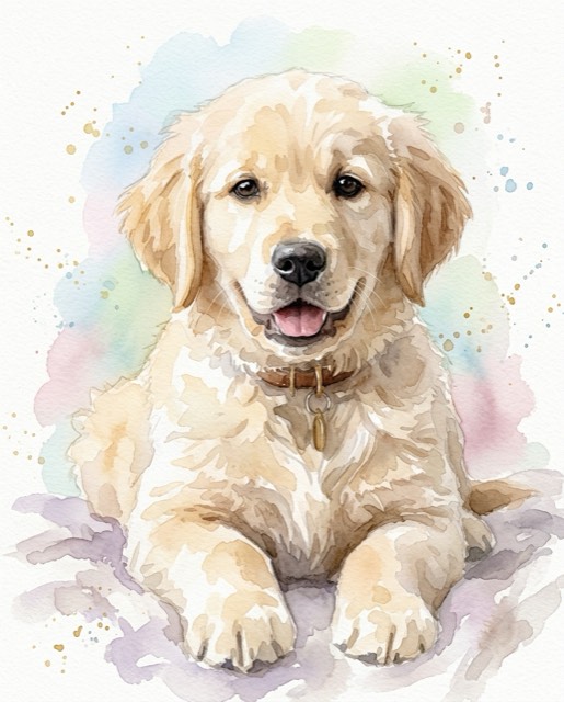 A dog painted in soft watercolor